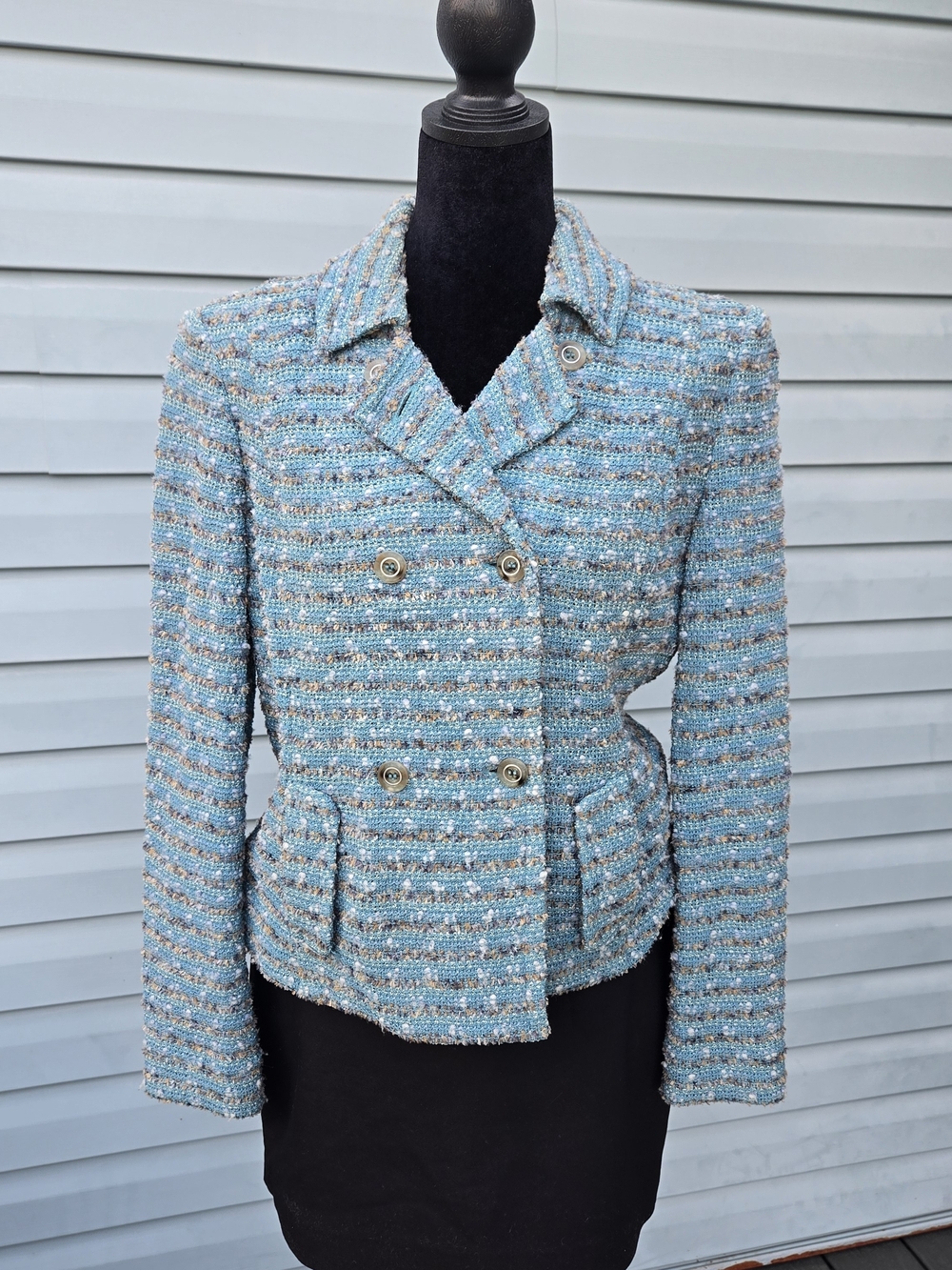 St John Collection Blue Multi Tweed Boucle Knit Double Breasted Jacket Size 6
